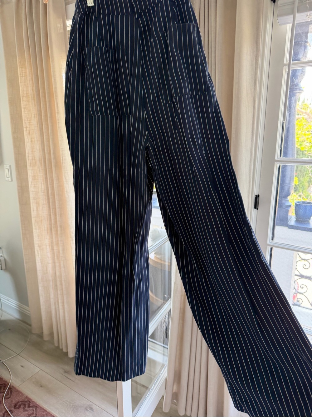 DANIELLE BERNSTEIN Navy and White Pinstripe Wide-Leg Trousers
